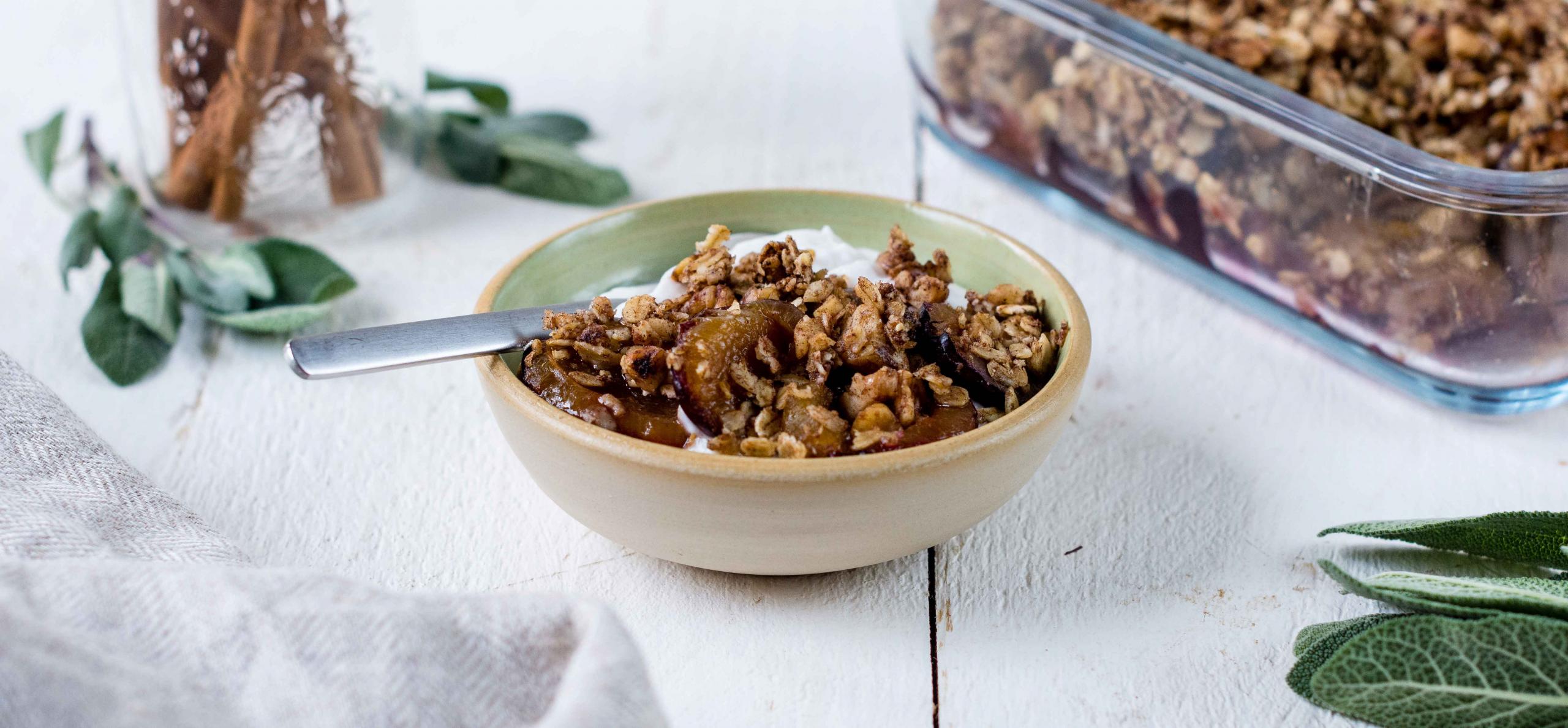 Autumn plum crumble with cinnamon